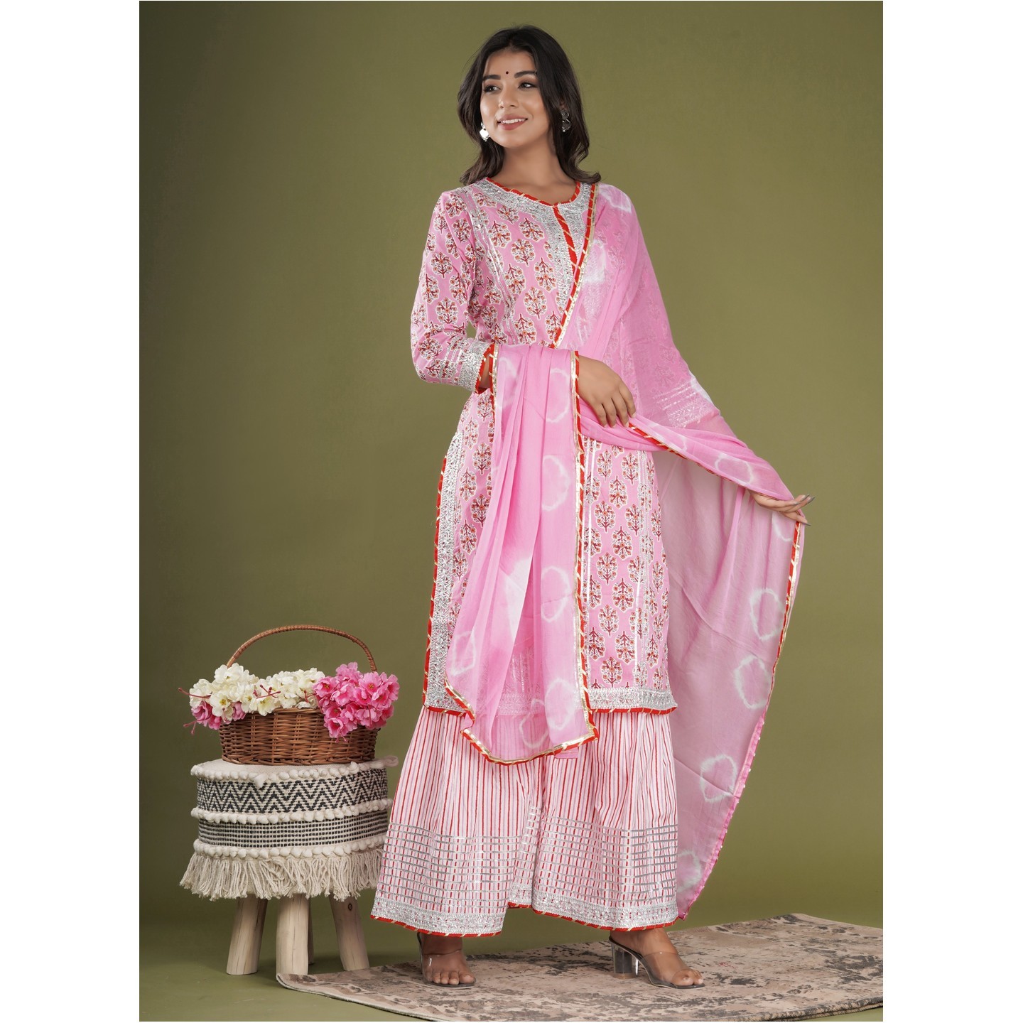 Shivanya Handicrafts Women Cotton Straight Kurta Sharara Set With Chiffon Dupatta_SHSH-003