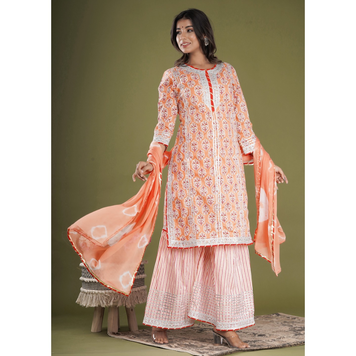 Shivanya Handicrafts Women Cotton Straight Kurta Sharara Set With Chiffon Dupatta_SHSH-006