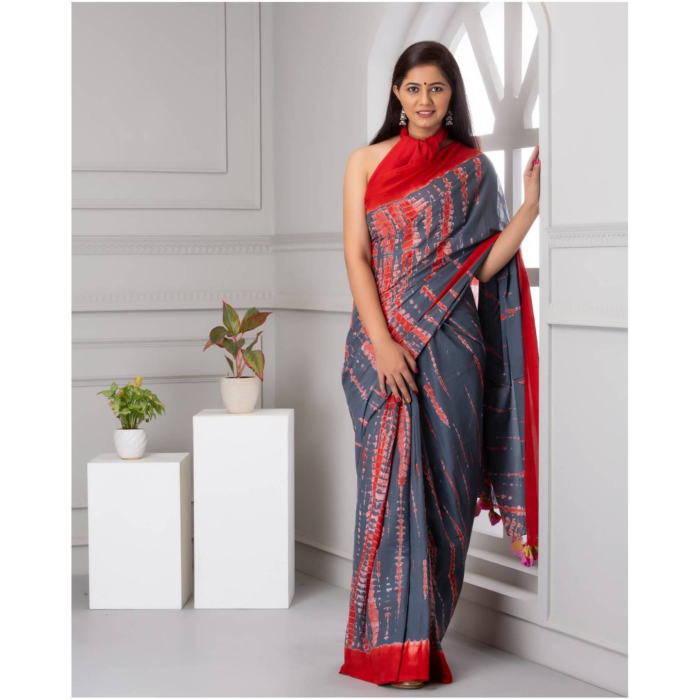 Shivanya Handicrafts Womens Hand block printed cotton mulmul fabric saree Shibori Tye and Dye printed With Blouse Piece Traditional Jaipuri Print_SH-0864