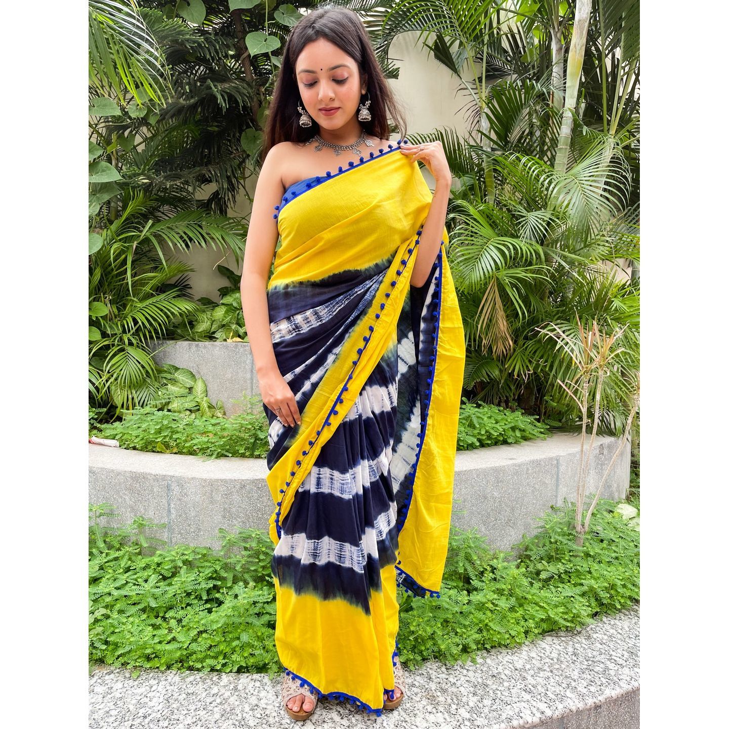 Shivanya Handicrafts Women's Hand Block  Batik Bagru Jaipuri Ikat Printed Handloom Pure Cotton Mulmul Traditional  Cotton Sarees With Printed Blouse Piece With Pom Pom Lace (Yellow, Blue)_SH-0921