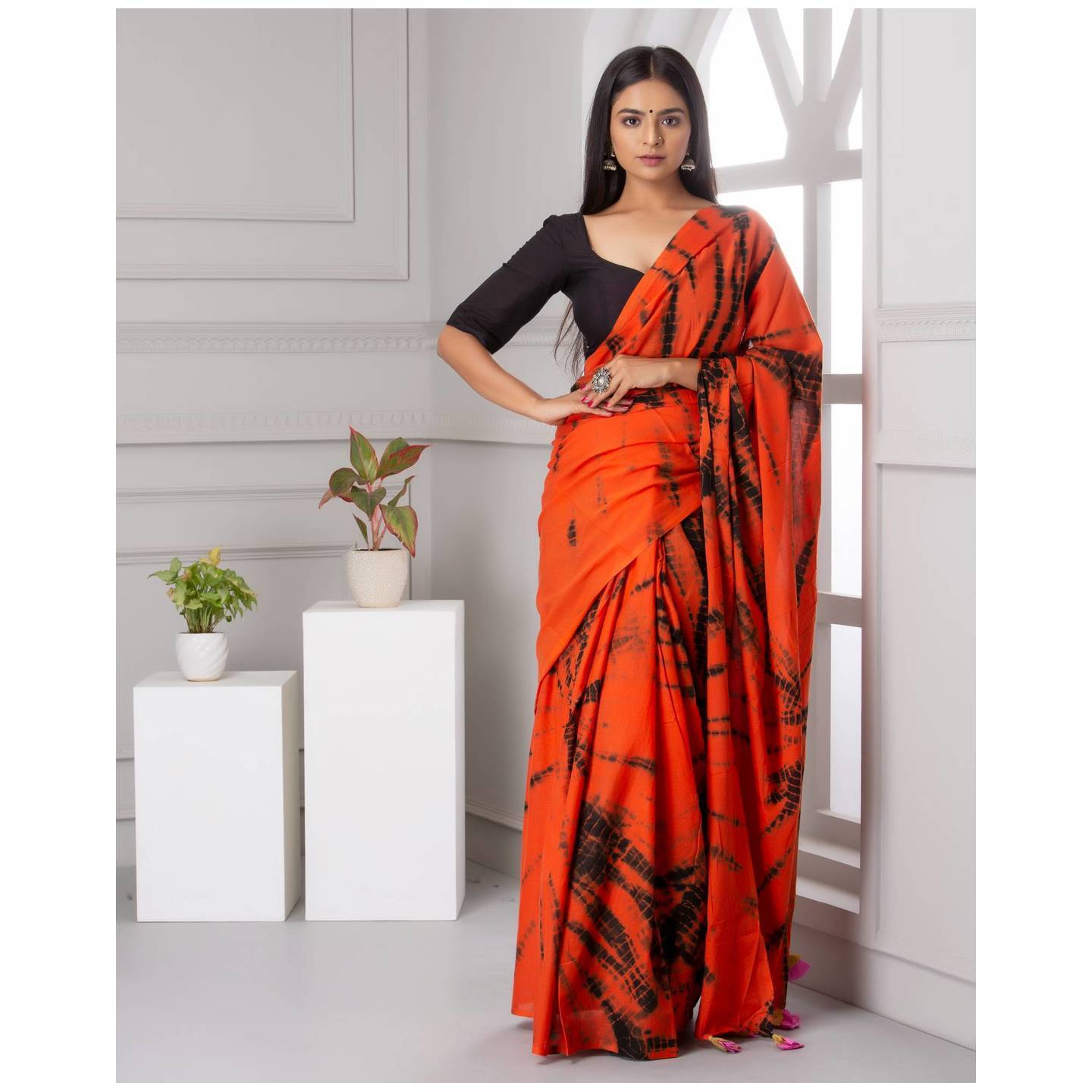 Shivanya Handicrafts Womens Hand block printed cotton mulmul fabric saree Shibori Tye and Dye printed With Blouse Piece Traditional Jaipuri Print_SH-0867