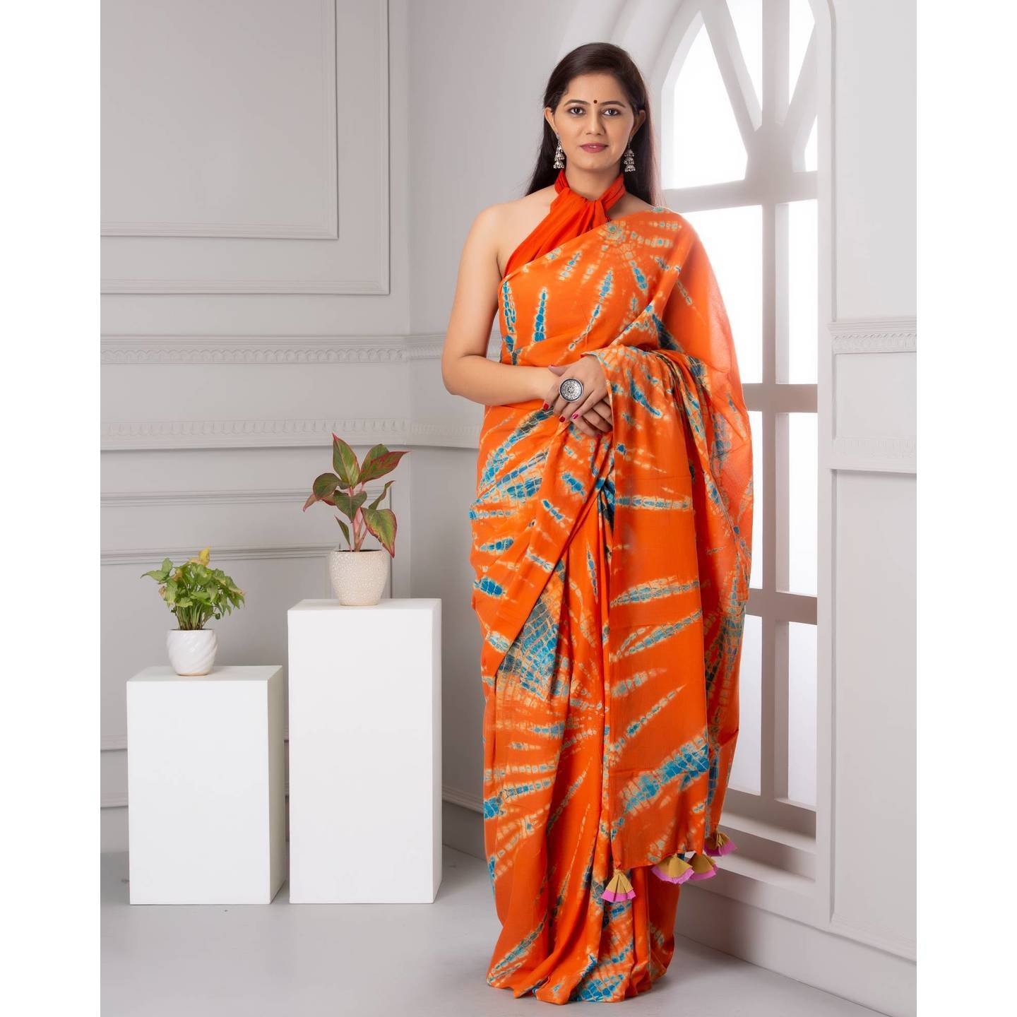 Shivanya Handicrafts Womens Hand block printed cotton mulmul fabric saree Shibori Tye and Dye printed With Blouse Piece Traditional Jaipuri Print_SH-0861