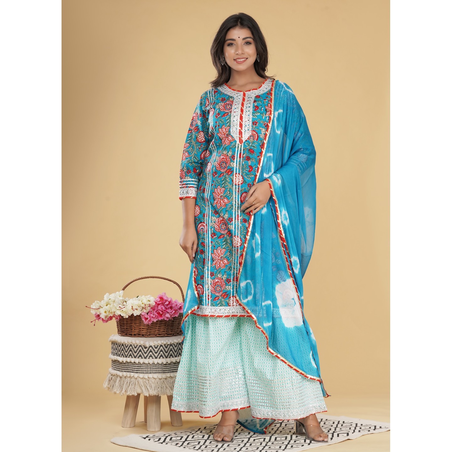 Shivanya Handicrafts Women Cotton Straight Kurta Sharara Set With Chiffon Dupatta_SHSH-001