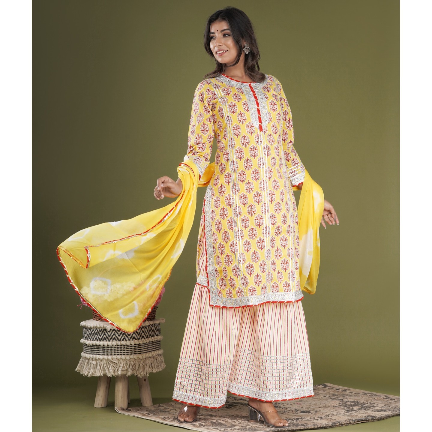 Shivanya Handicrafts Women Cotton Straight Kurta Sharara Set With Chiffon Dupatta_SHSH-004