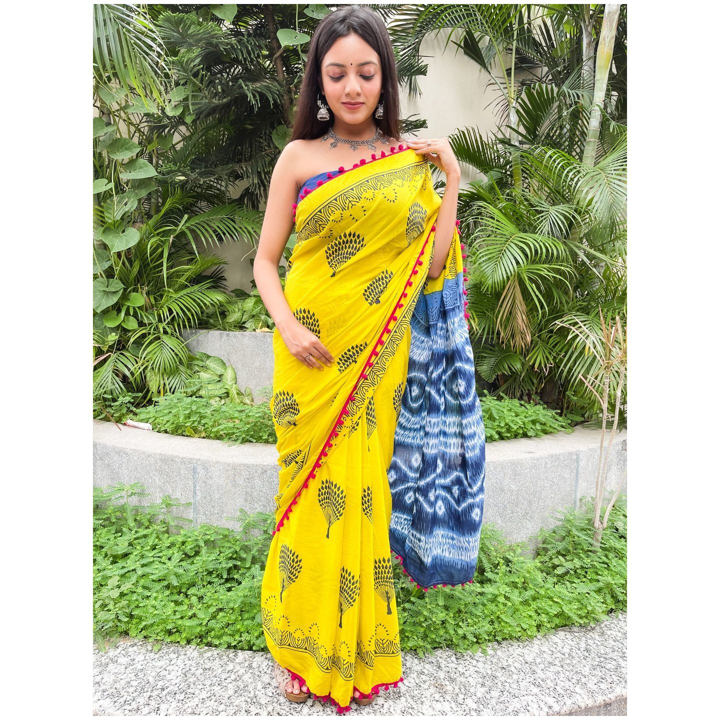 Shivanya Handicrafts Women's Hand Block  Batik Bagru Jaipuri Ikat Printed Handloom Pure Cotton Mulmul Traditional  Cotton Sarees With Printed Blouse Piece With Pom Pom Lace (Yellow)_SH-0919