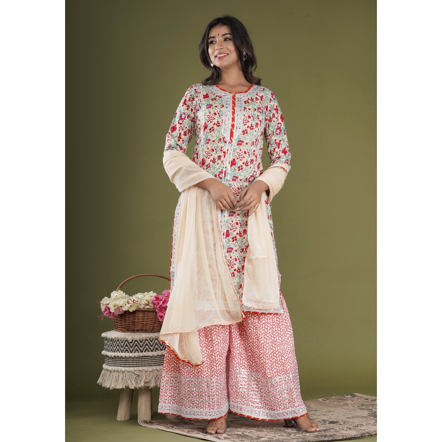 Shivanya Handicrafts Women Cotton Straight Kurta Sharara Set With Chiffon Dupatta_SHSH-005