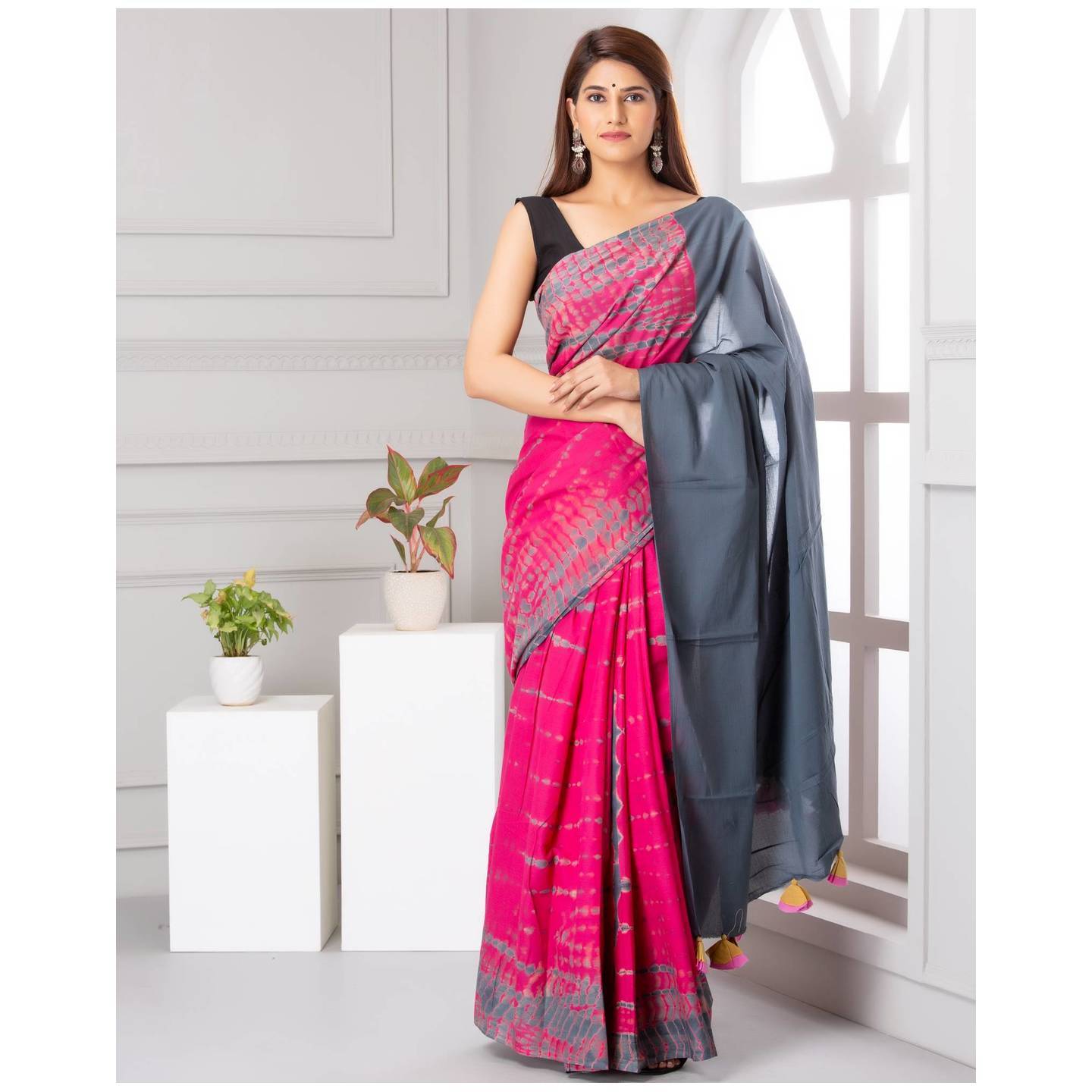 Shivanya Handicrafts Womens Hand block printed cotton mulmul fabric saree Shibori Tye and Dye printed With Blouse Piece Traditional Jaipuri Print_SH-0862