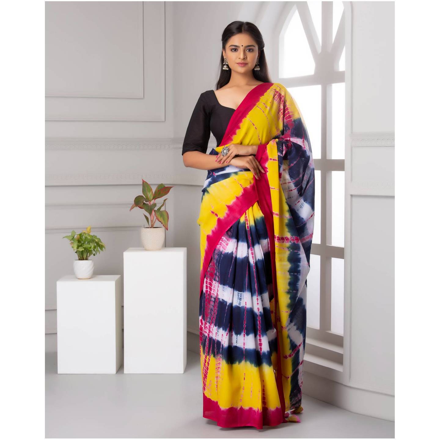 Shivanya Handicrafts Womens Hand block printed cotton mulmul fabric saree Shibori Tye and Dye printed With Blouse Piece Traditional Jaipuri Print_SH-0860