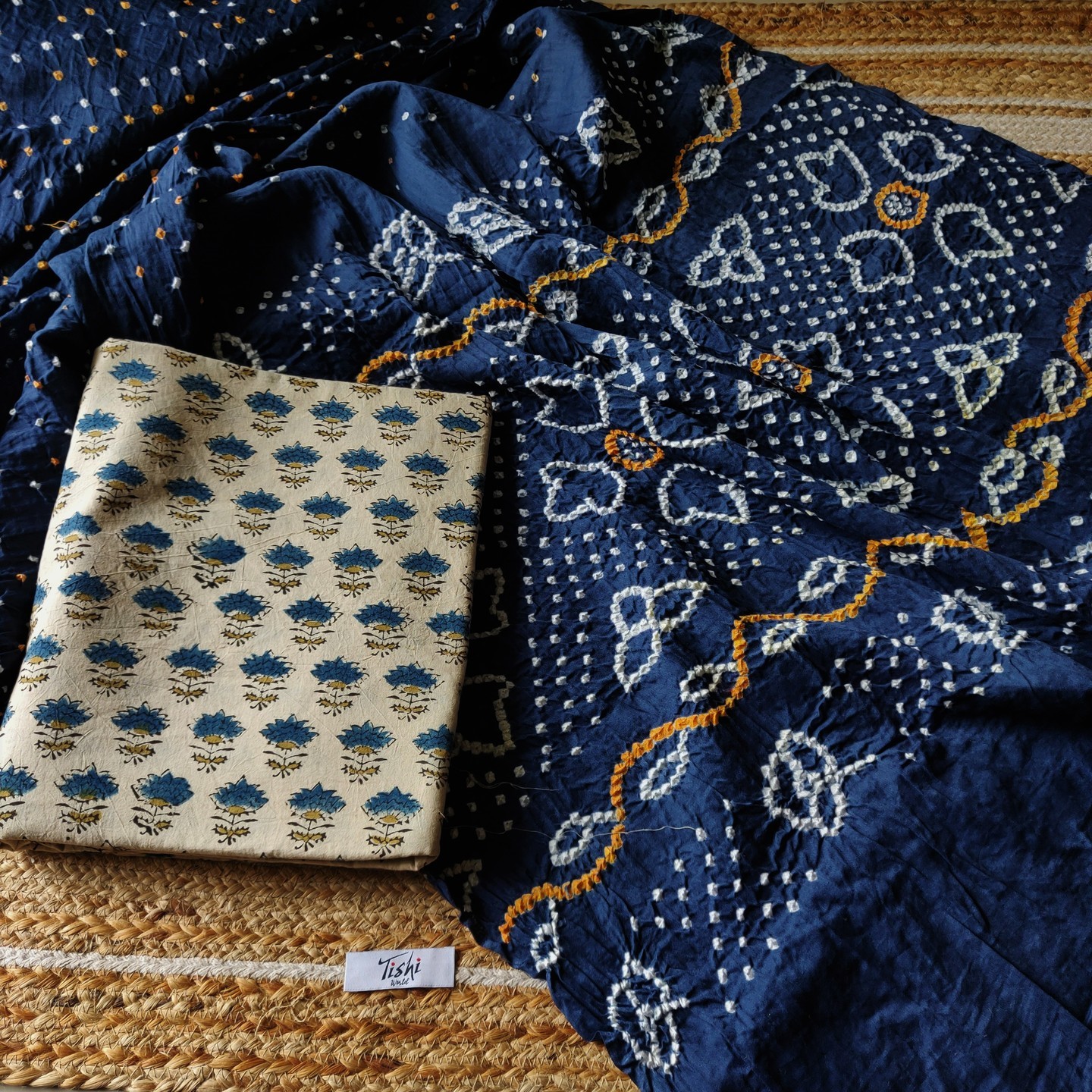 Navy Blue White and Yellow Dots Bandhej Saree