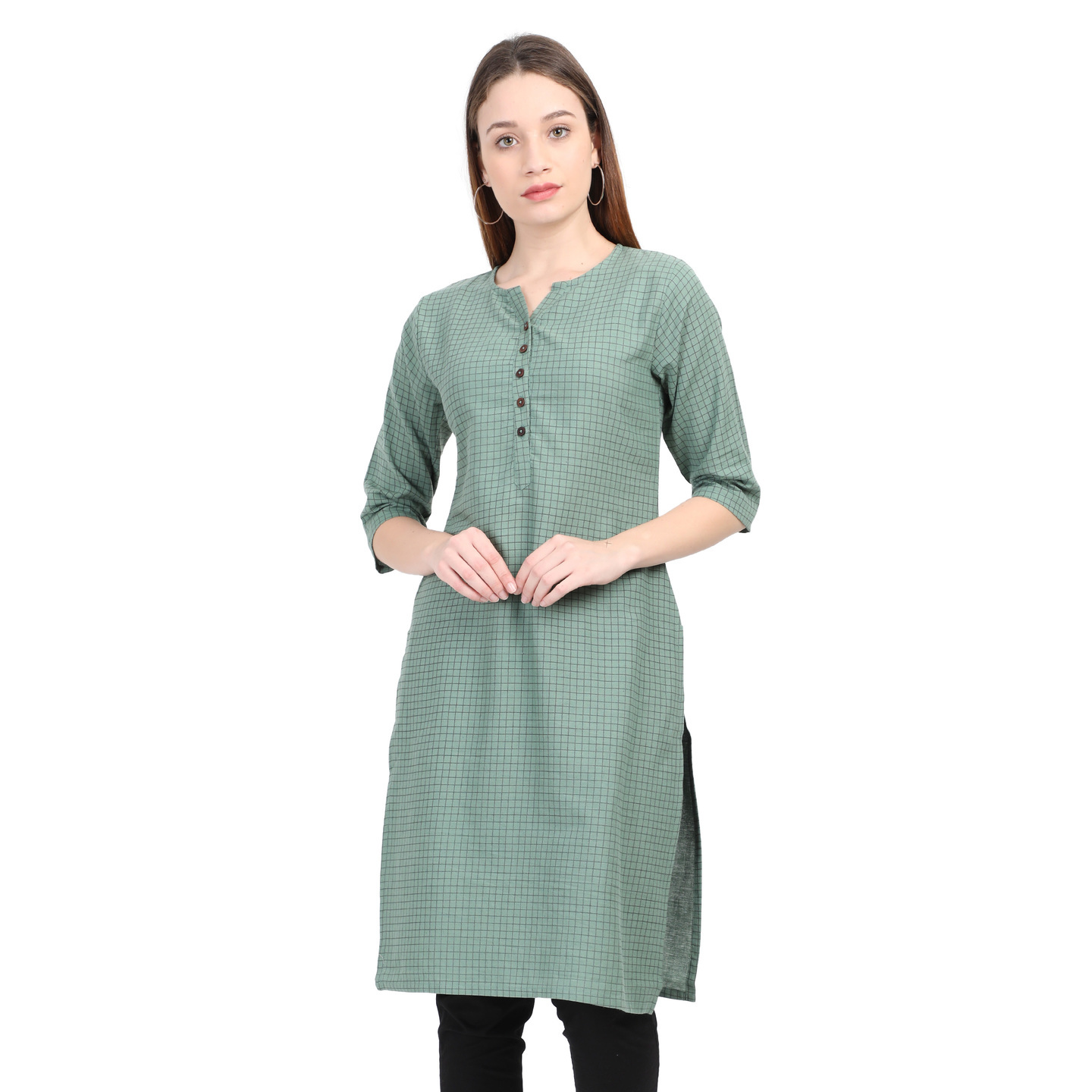 WWM Womens Cotton Flax Green Printed Round neck Kurti