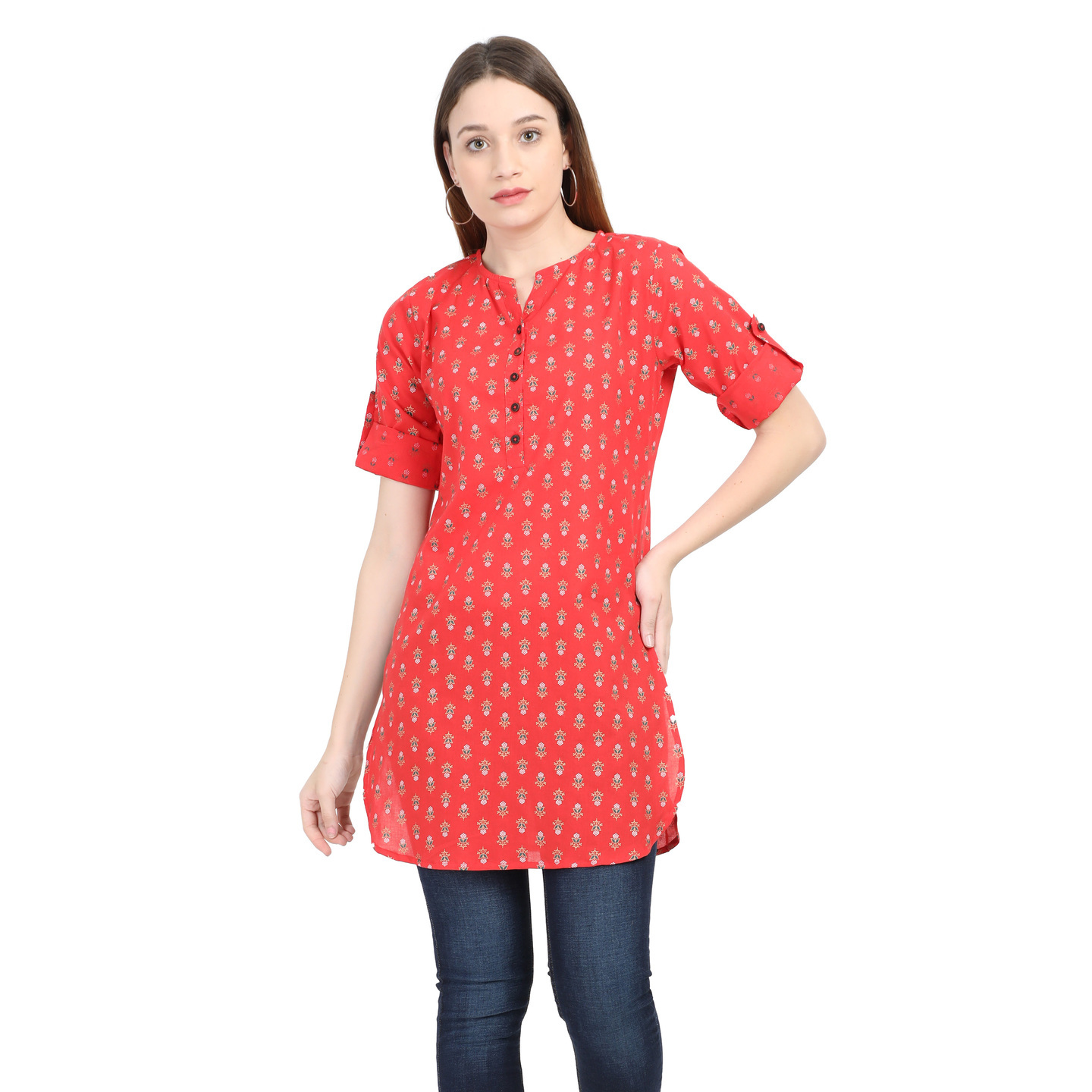 WWM Womens Liva Rayon Red Printed Round neck Kurti