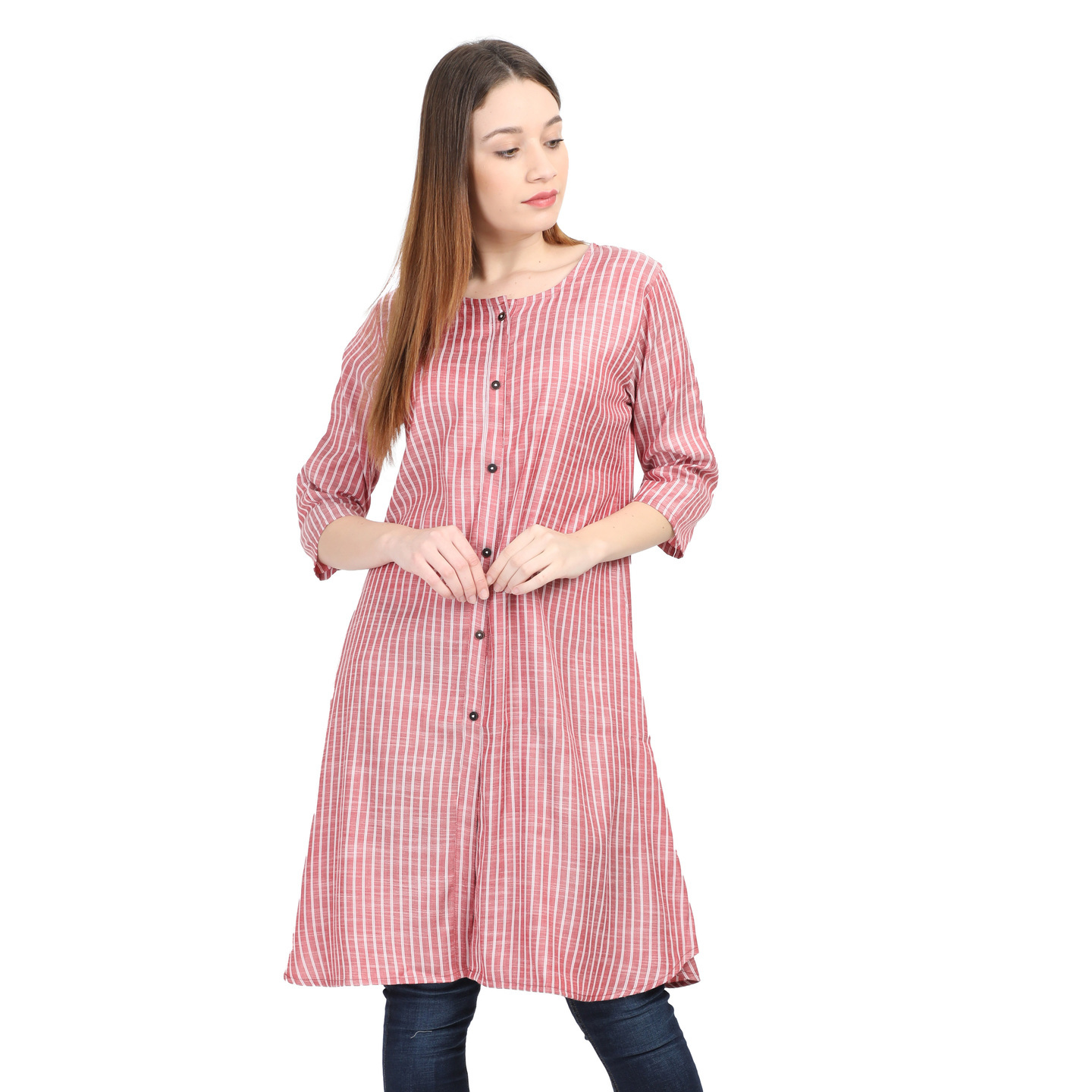 WWM Womens Cotton Flax Pink Printed Round neck Kurti