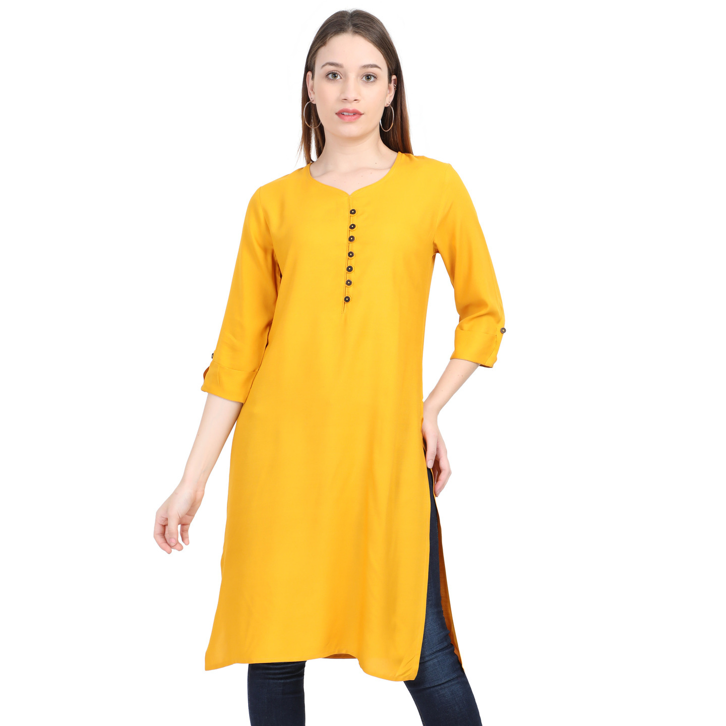 WWM Womens Liva Rayon Yellow solid V Neck Kurti