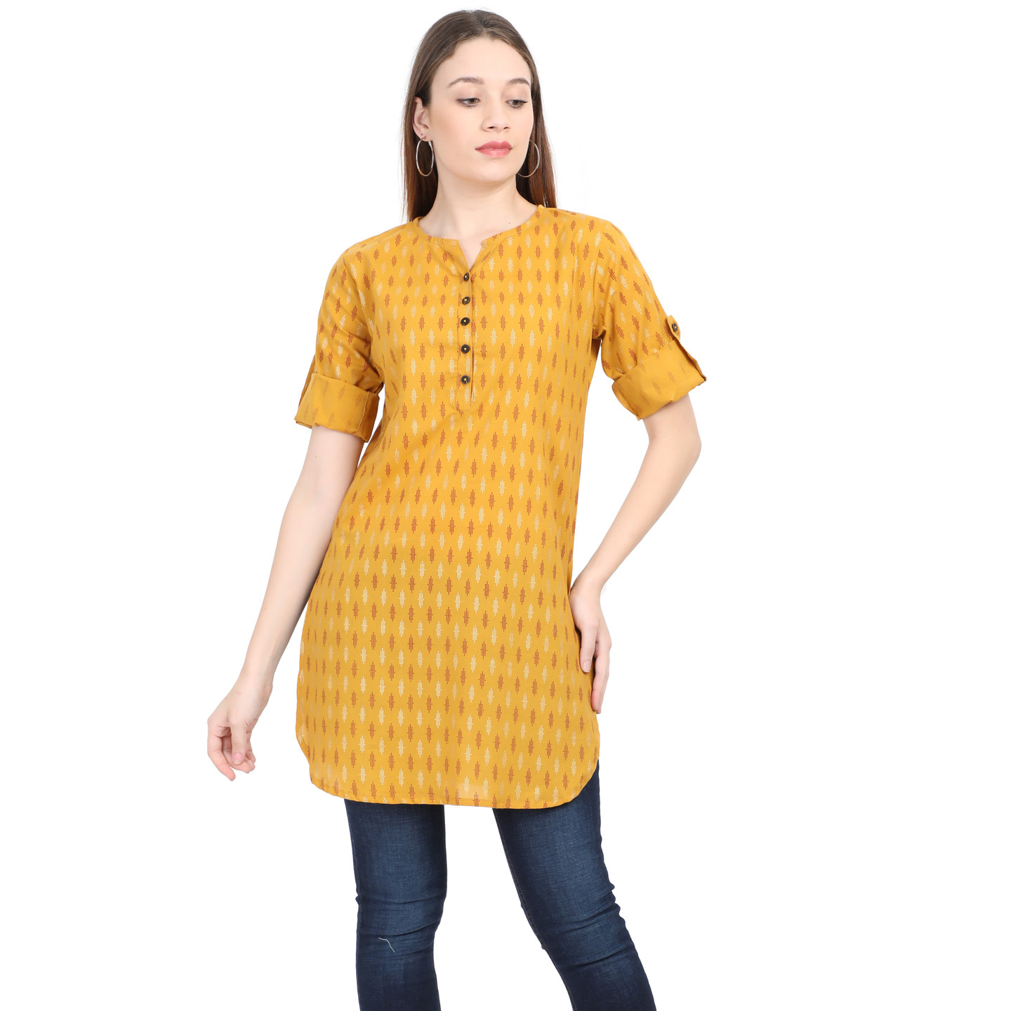 WWM Womens Liva Rayon Yellow Printed Round neck Kurti