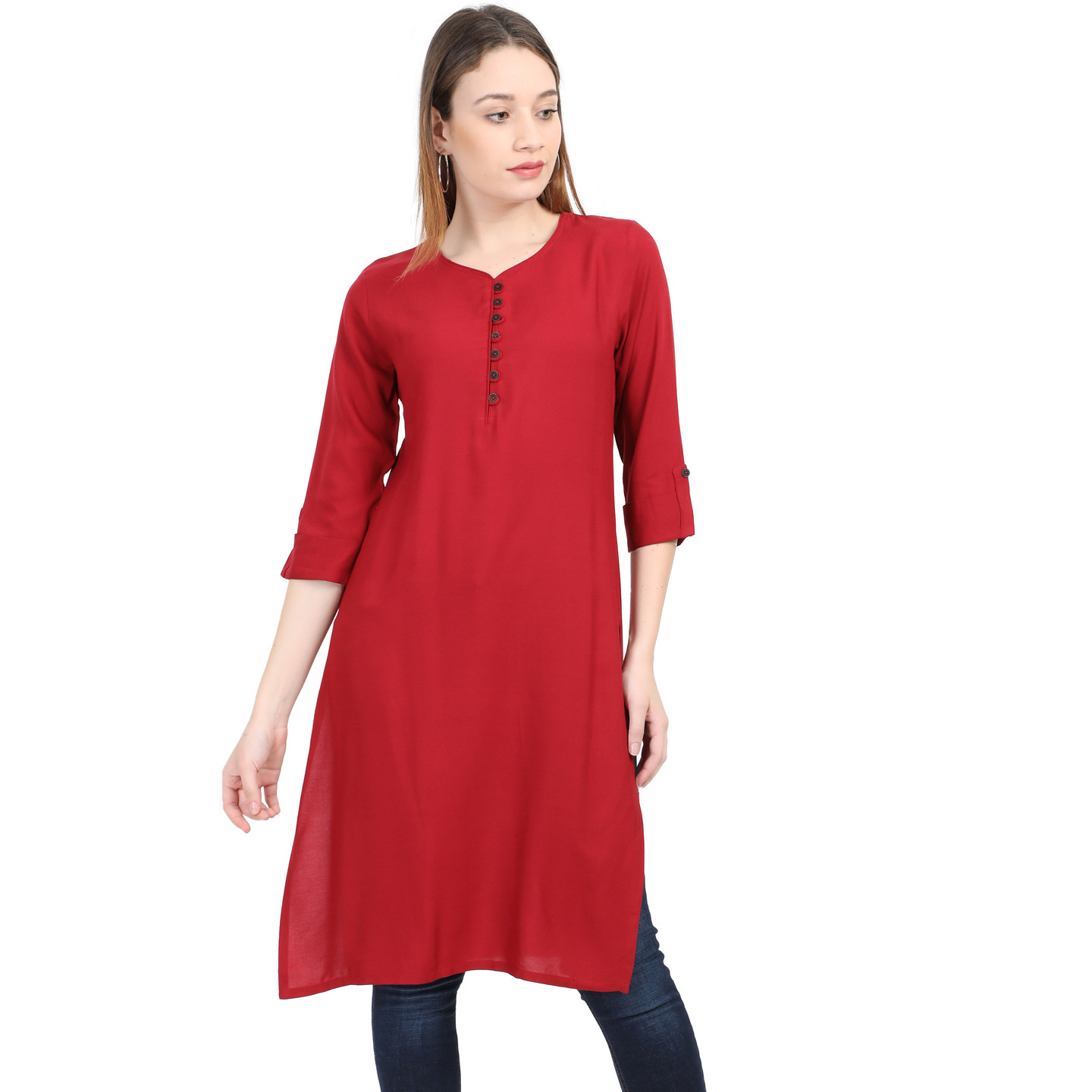 WWM Womens Liva Rayon Maroon solid V Neck Kurti