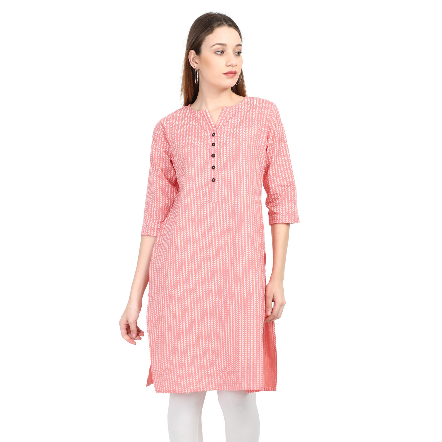 WWM Womens Cotton Flex Pink Printed Round neck Kurti