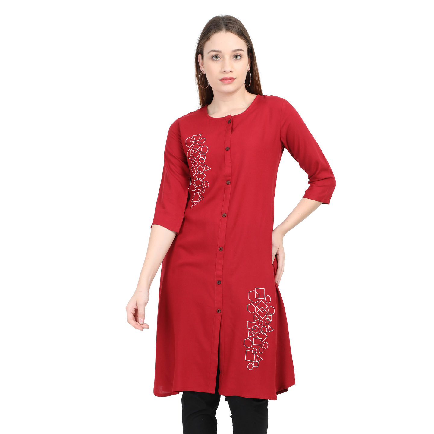 WWM Womens Liva Rayon Red Printed Round neck Kurti