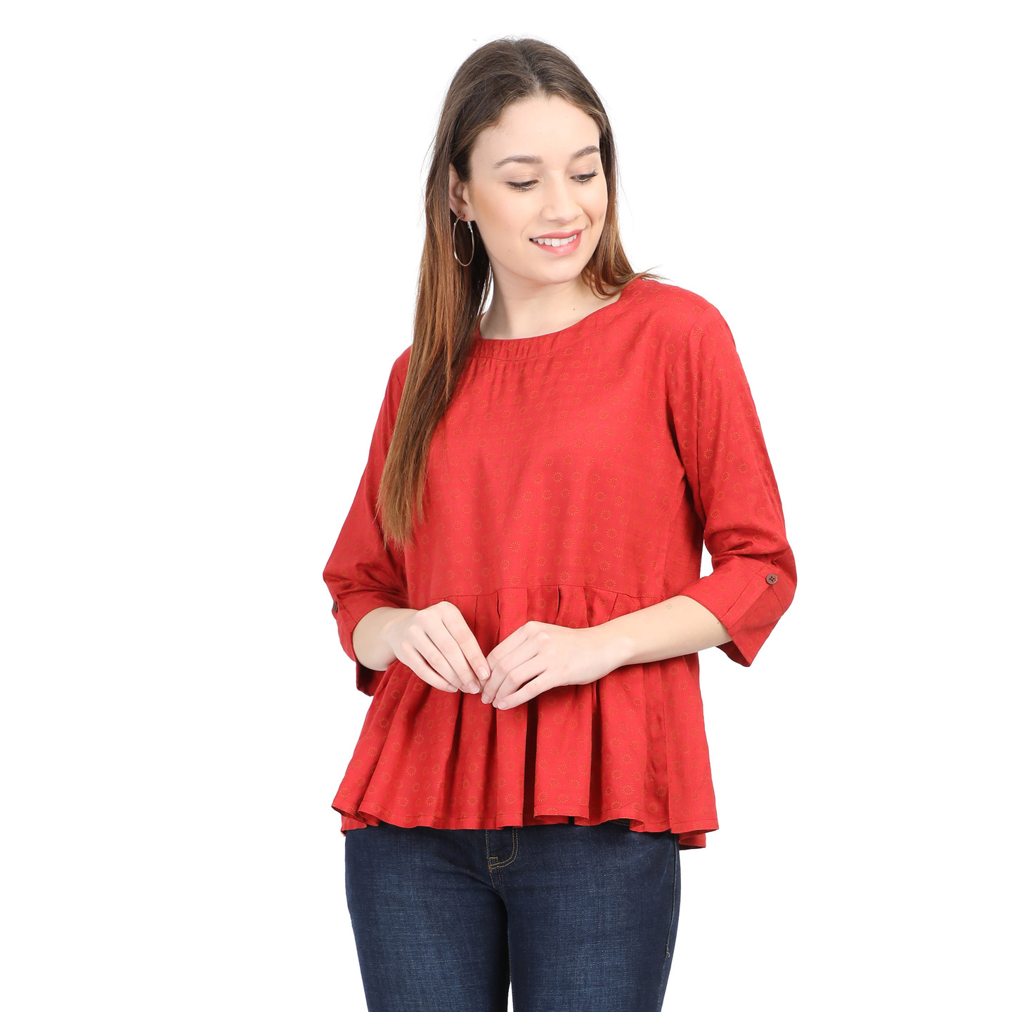 WWM Womens Pure Cotton Red Printed Round neck Top