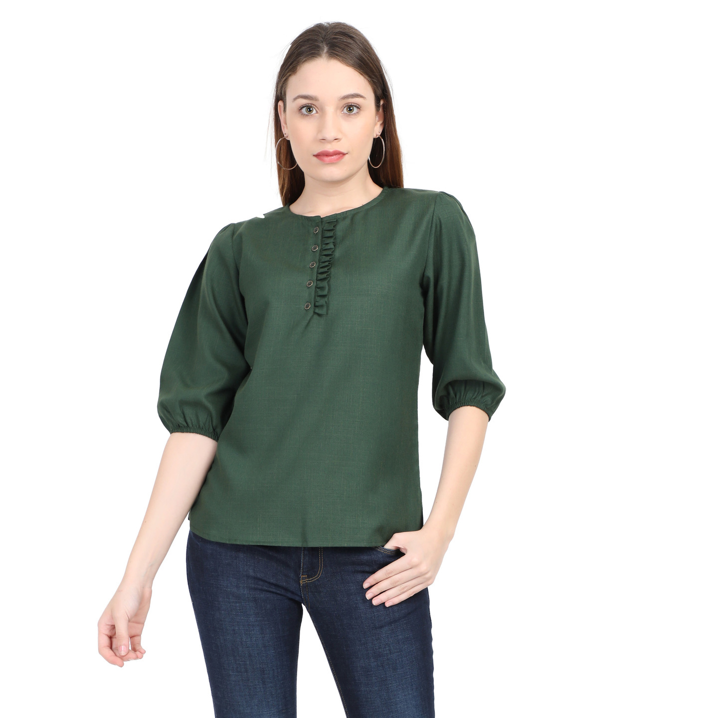 WWM Womens Liva Rayon Dark Green Solid Round neck Top