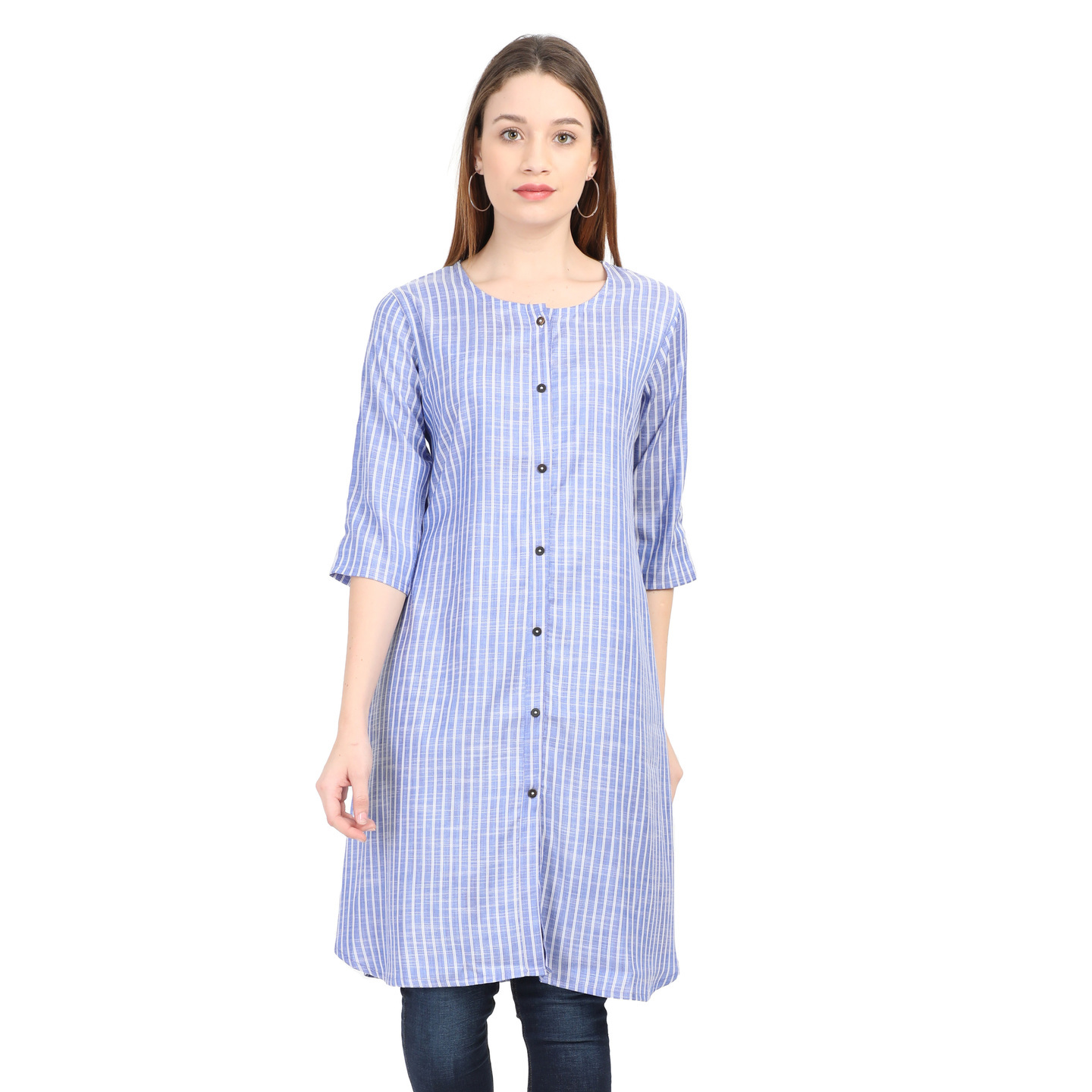 WWM Womens Cotton Flax light Blue Printed Round neck Kurti