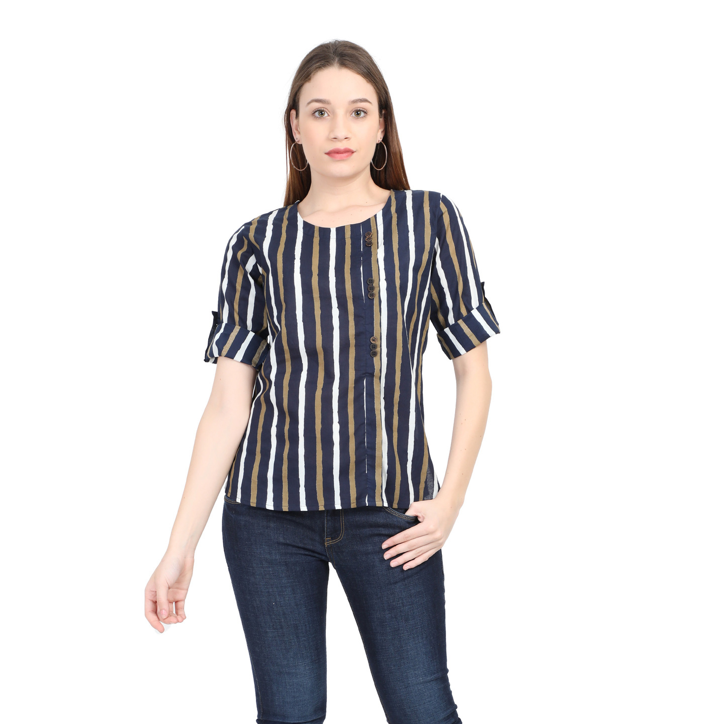 WWM Womens Pure Cotton  Multicolor Striped Round neck Top