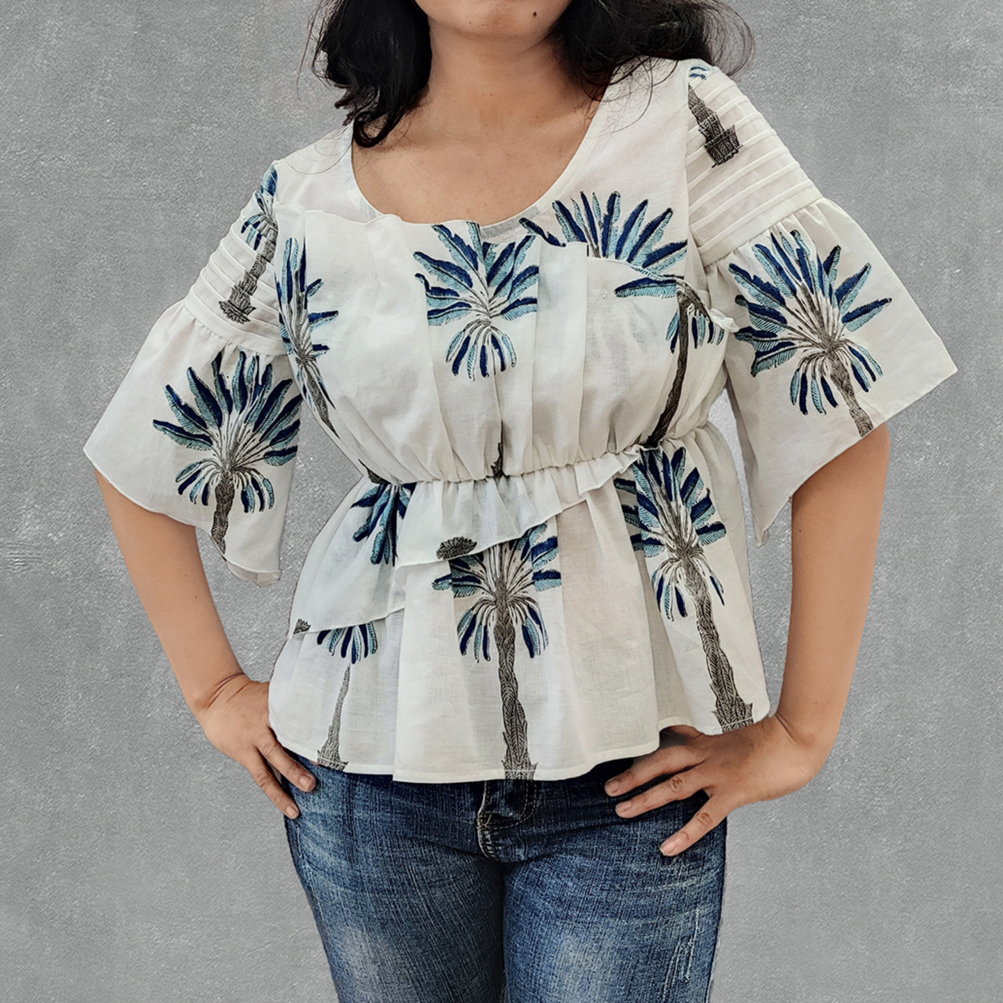 Palm Printed Frill Top