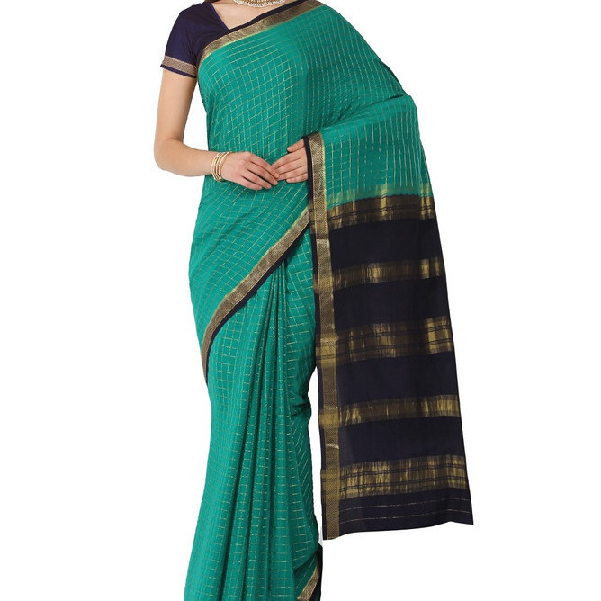 Teal Green and Royal Blue Contrast Checks Ksic silk Saree  Mysore Silk Sarees  Mysore Silk Sarees Online  KSIC