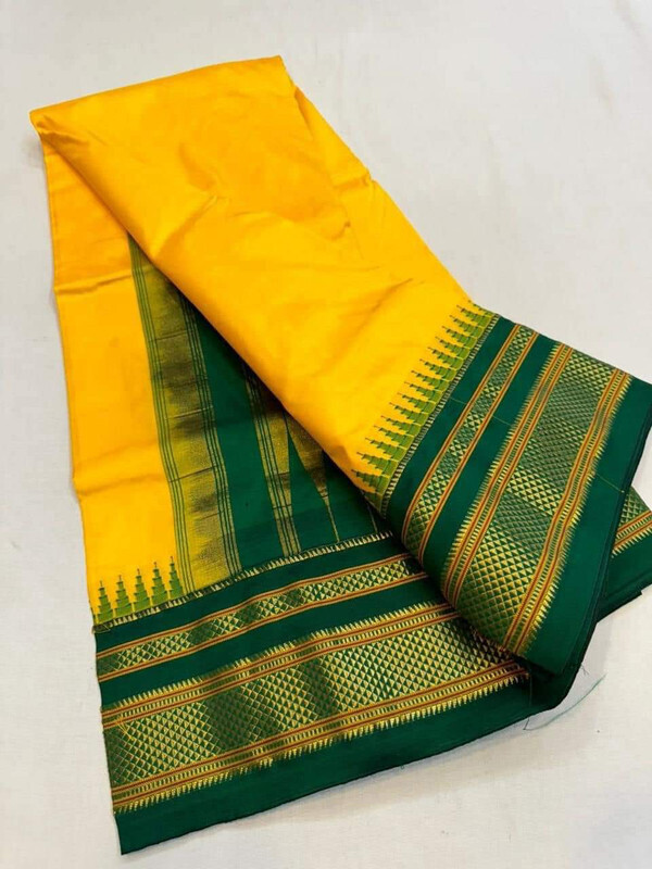 Golden Yellow and Green Contrast - Traditional Handwoven Ilkaal Saree online