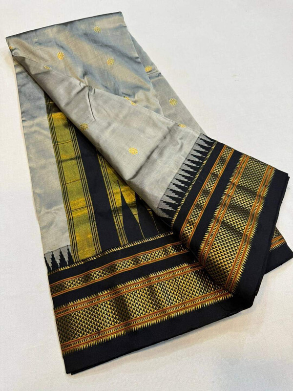 Metallic Grey and Black  Border - Traditional Handwoven Ilkaal Butta Saree online