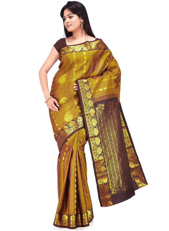 Golden Brown with Cholocate Brown HandLoom Superior Quality Kanchipuram Pure Silk Saree with Silk Mark
