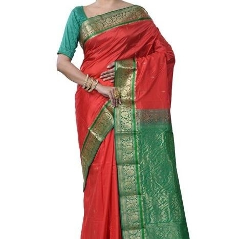 Red Saree Traditional Kanchipuram Pure Silk Saree in Red with Green Contrast