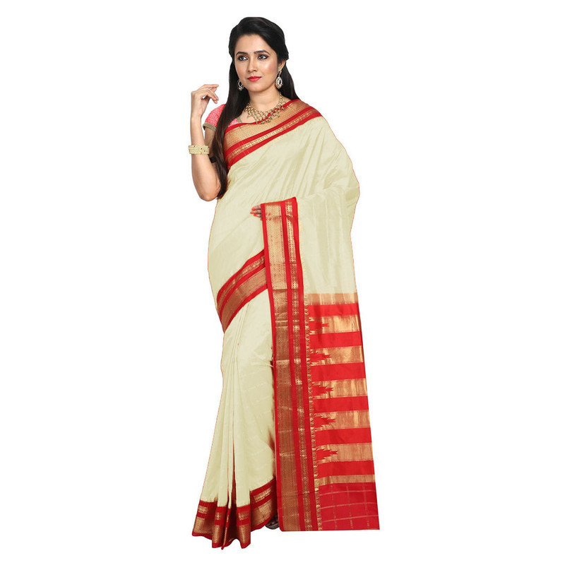 Ilkal Sarees  Traditional Ilkal Silk Saree Off White and Red Border