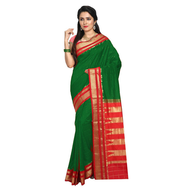 Ilkal Sarees Traditional Ilkal Silk Saree in Bottle Green and Red