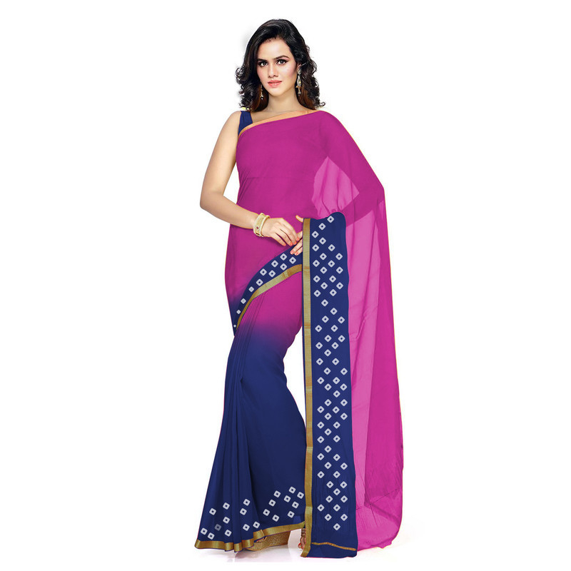 Pink and Royal Blue Silk chiffon Saree Pure Chiffon Sarees  Bandhani saree  Traditional Bandhani sarees