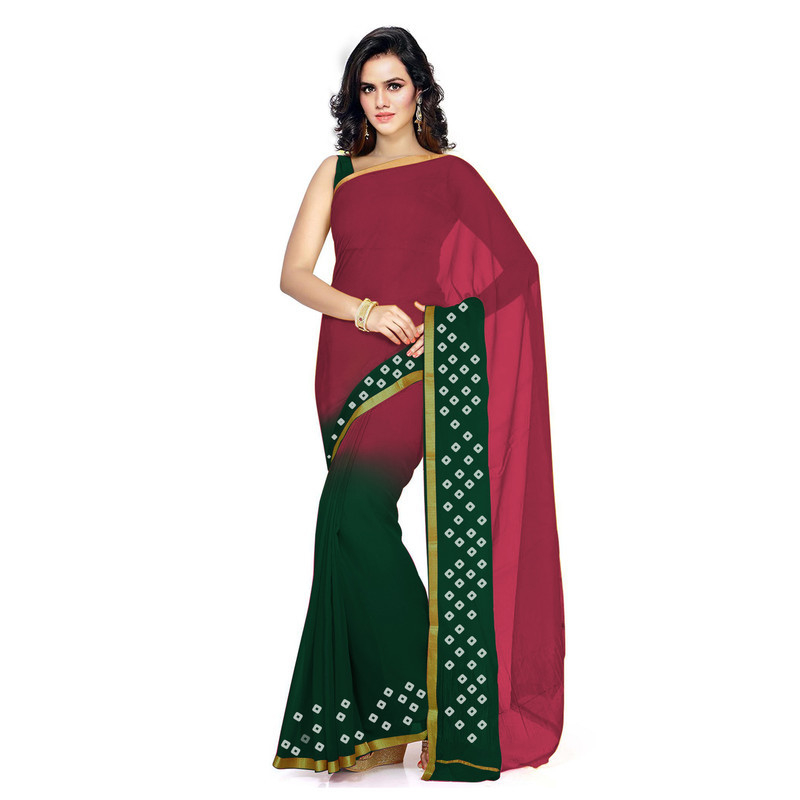 Marron with Bottle Green Silk chiffon Saree Pure Chiffon Sarees  Bandhani saree  Traditional Bandhani sarees