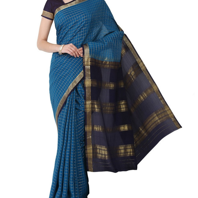 Yale Blue and Royal Blue Checks  Ksic silk Saree  Mysore Silk Sarees  Mysore Silk Sarees Online  KSIC