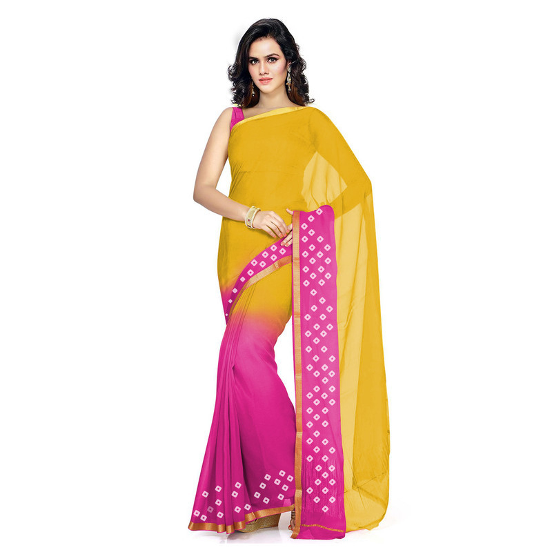 Yellow with Pink Silk Pure Georgette Sarees  Plain Georgette Sarees  Designer Saree Online