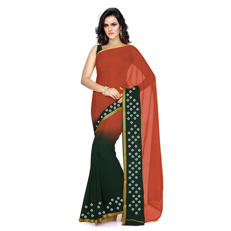Baige Red with Bottle Green Silk chiffon Saree Pure Chiffon Sarees  Bandhani saree  Traditional Bandhani sarees