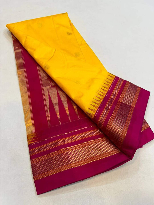 Golden Orange and Green Border - Traditional Handwoven Ilkaal Butta Saree Online