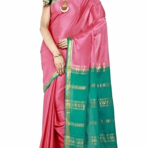 Peach Pink  and Green Contrast Ksic silk Saree  Mysore Silk Sarees  Mysore Silk Sarees Online  KSIC