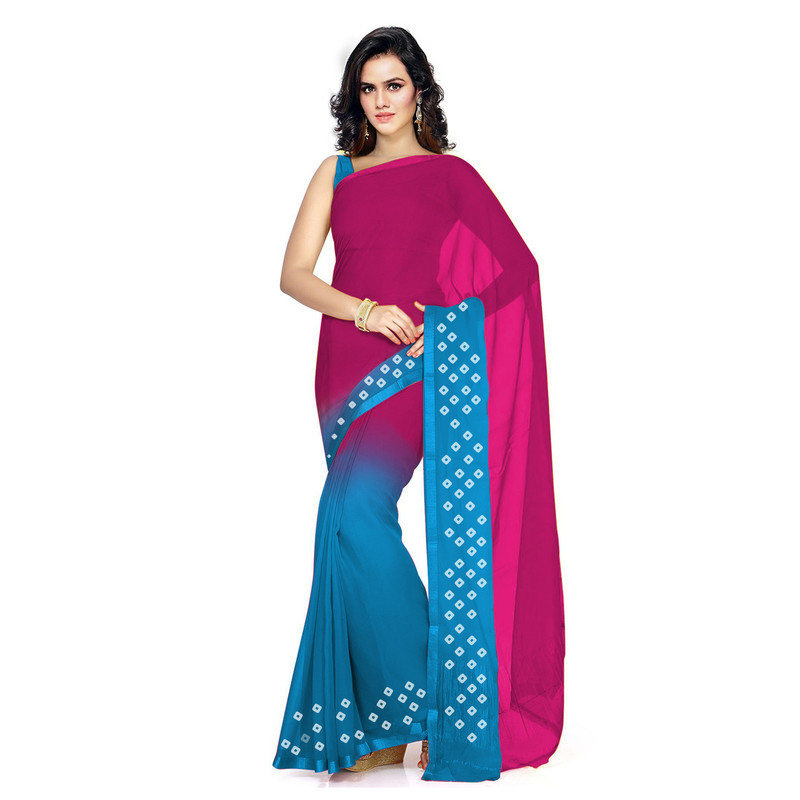 Pink and Sky Blue  Silk chiffon Saree Pure Chiffon Sarees  Bandhani saree  Traditional Bandhani sarees