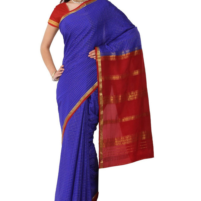 Sapphire Blue and Marron Checks Ksic silk Saree  Mysore Silk Sarees  Mysore Silk Sarees Online  KSIC