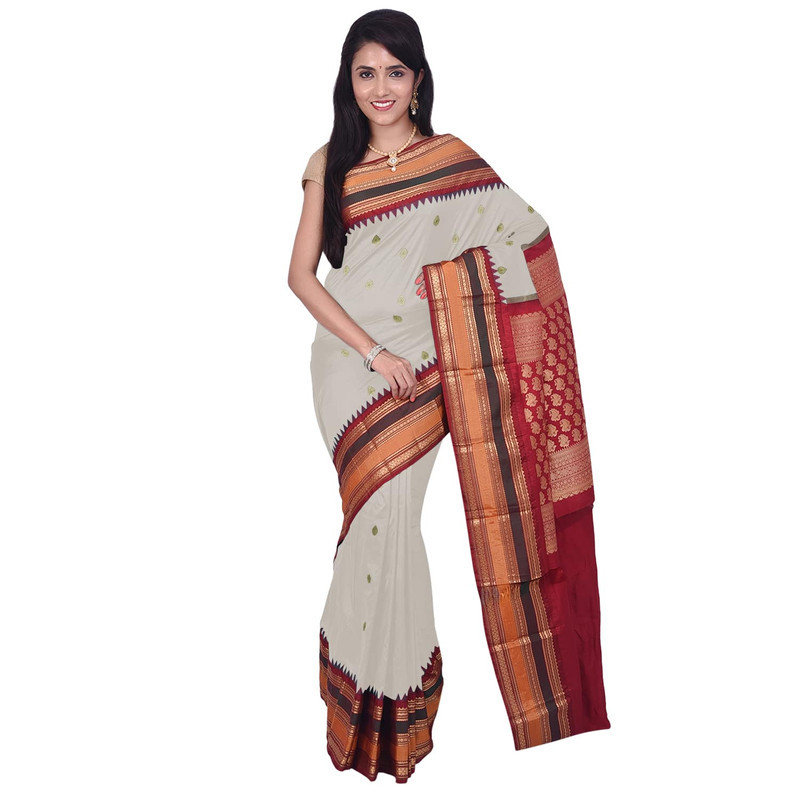 Grey with MultiColour Border Bangalore Silk Sarees  Buy Pure Silk Saree Online  Bangalore Silk Sarees Online
