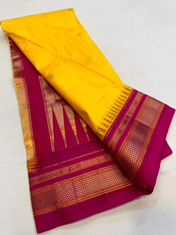 Golden Yellow and Rani Border - Traditional Handwoven Ilkaal Butta Saree Online