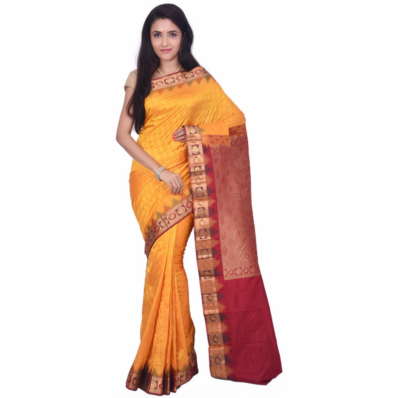 Golden Yellow with Red Emboze Bangalore Silk Sarees  Buy Pure Silk Saree Online  Bangalore Silk Sarees Online