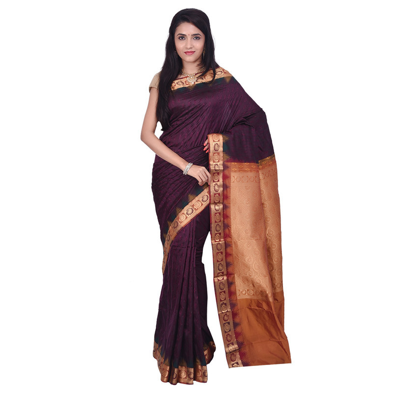 Chocolate Brown with Red Emboze Bangalore Silk Sarees  Buy Pure Silk Saree Online  Bangalore Silk Sarees Online