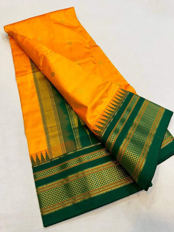 Golden Orange and Green Border - Traditional Handwoven Ilkaal Butta Saree Online