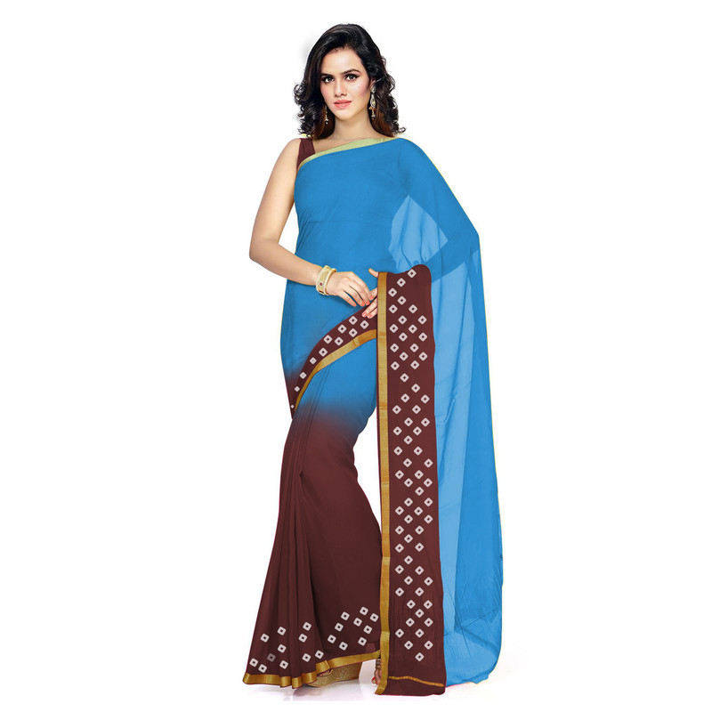 Sky Blue with Brown Silk chiffon Saree Pure Chiffon Sarees  Bandhani saree  Traditional Bandhani sarees