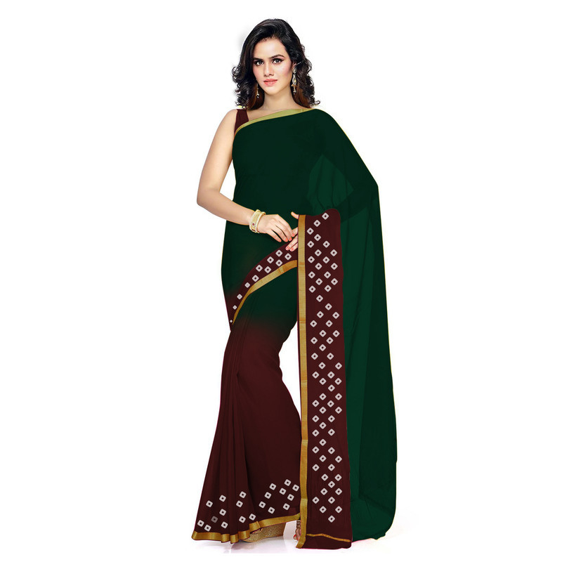 Bottle Green and Brown Silk chiffon Saree Pure Chiffon Sarees  Bandhani saree  Traditional Bandhani sarees