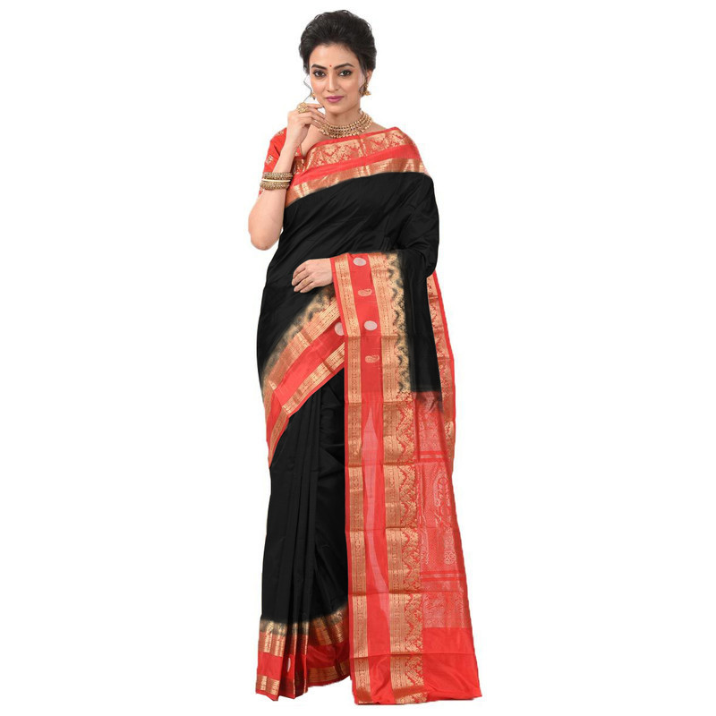 Black With Red Contrast Bentex Border Kanchipuram Pure Silk Exclusive Saree with Silk Mark